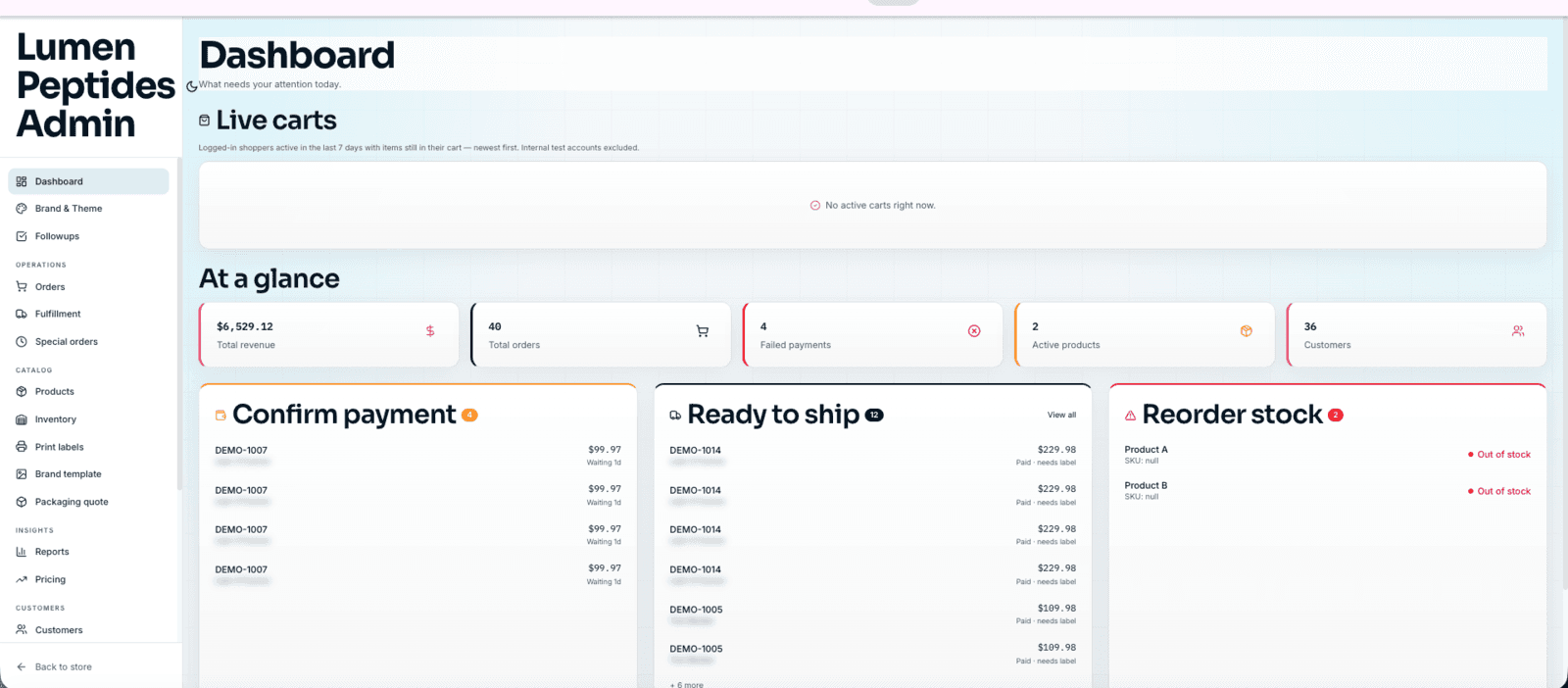 Operations console, the dashboard your team runs orders from