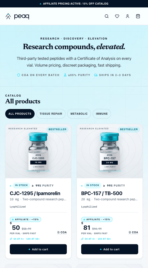 The peaq storefront product grid, live on pep.app