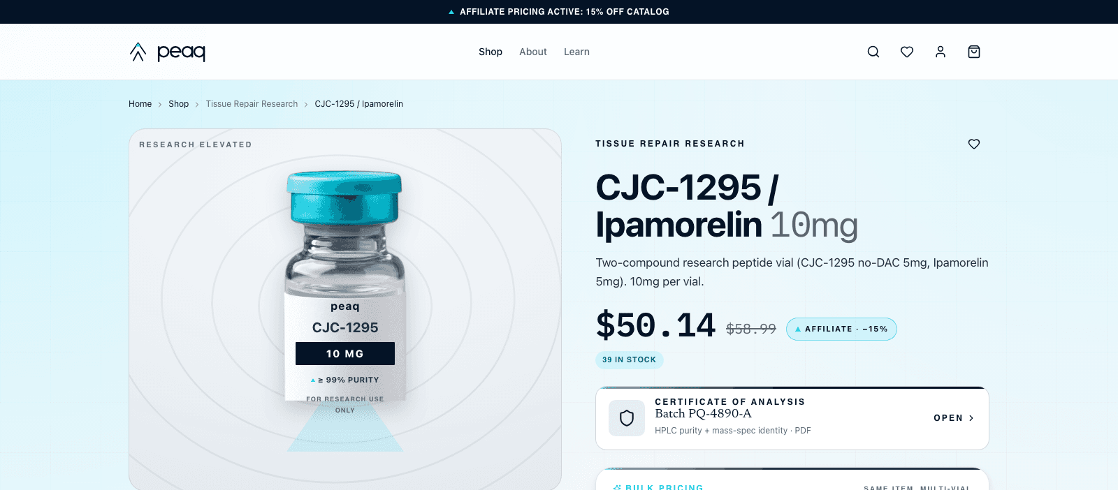Storefront product page with COA and bulk pricing